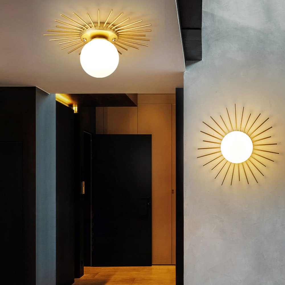 Nordic Round Ceiling Lights Creative Gold LED Flush Mount Lighting Fixture Sun Flower Shape Acrylic Lampshade Wrought Iron Chandelier for Living Room Bedroom Entrance Porch Kitchen (Gold,35CM)