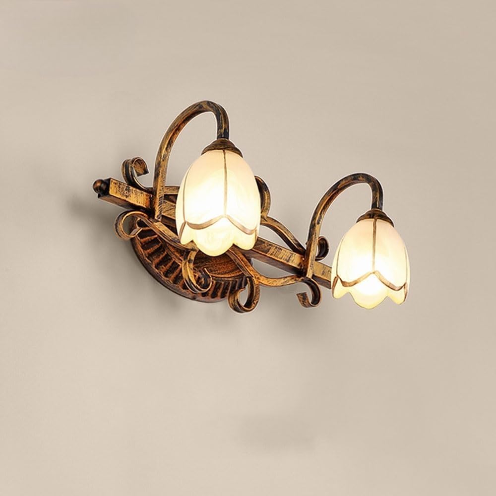 European Vintage 2-Light Wall Sconce, Classic Black Gold Wrought Iron Vanity Light with Flower Glass Shades, E14 Base LED Warm Light Included, for Bathroom Mirror Bedroom Hallway Decor