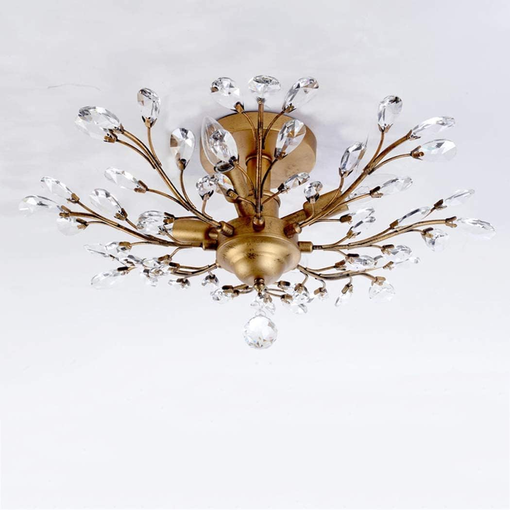 ASHES Ceiling Pendant Light, V-intage Crystal Branches Chandelier Wrought Iron Ceiling Light Flush Mounted Fixture with 4 Light for Living Room Bathroom Bar Loft Club (Color : Black)
