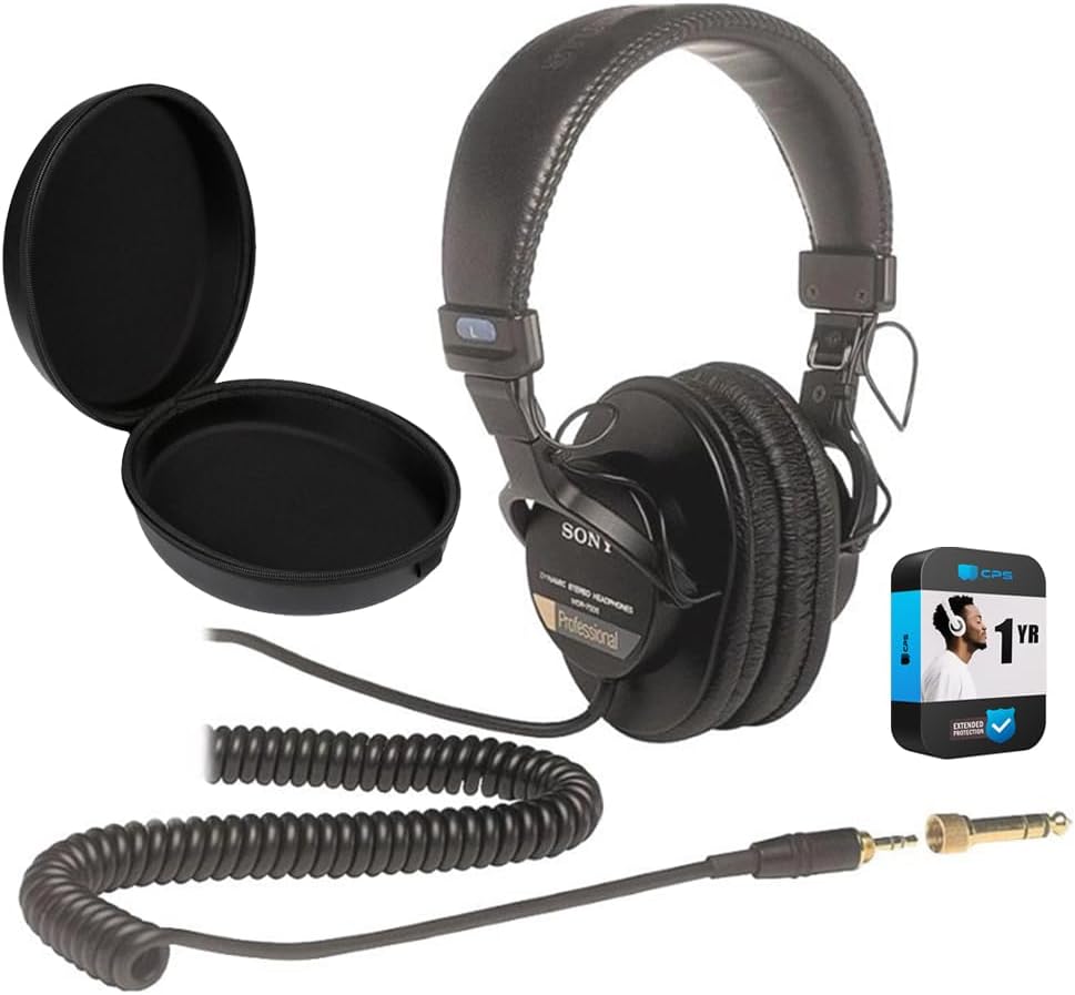 Sony MDR7506 Professional Large Diaphragm Headphones Bundle with Headphone Case Black and 1 YR CPS Enhanced Protection Pack