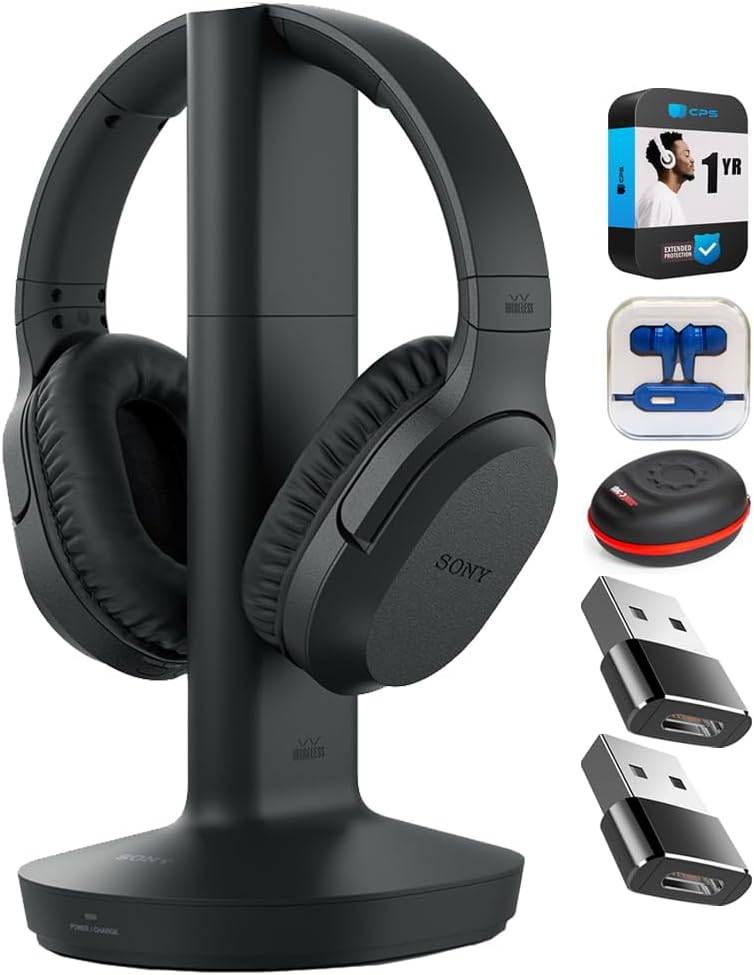 Sony WHRF400 Wireless Home Theater Headphones Black Bundle with Mizco Travelocity in-Ear Headphone (Colors May Vary), Headphone Case, 2X Converter Adapter and 1 YR CPS Enhanced Protection Pack