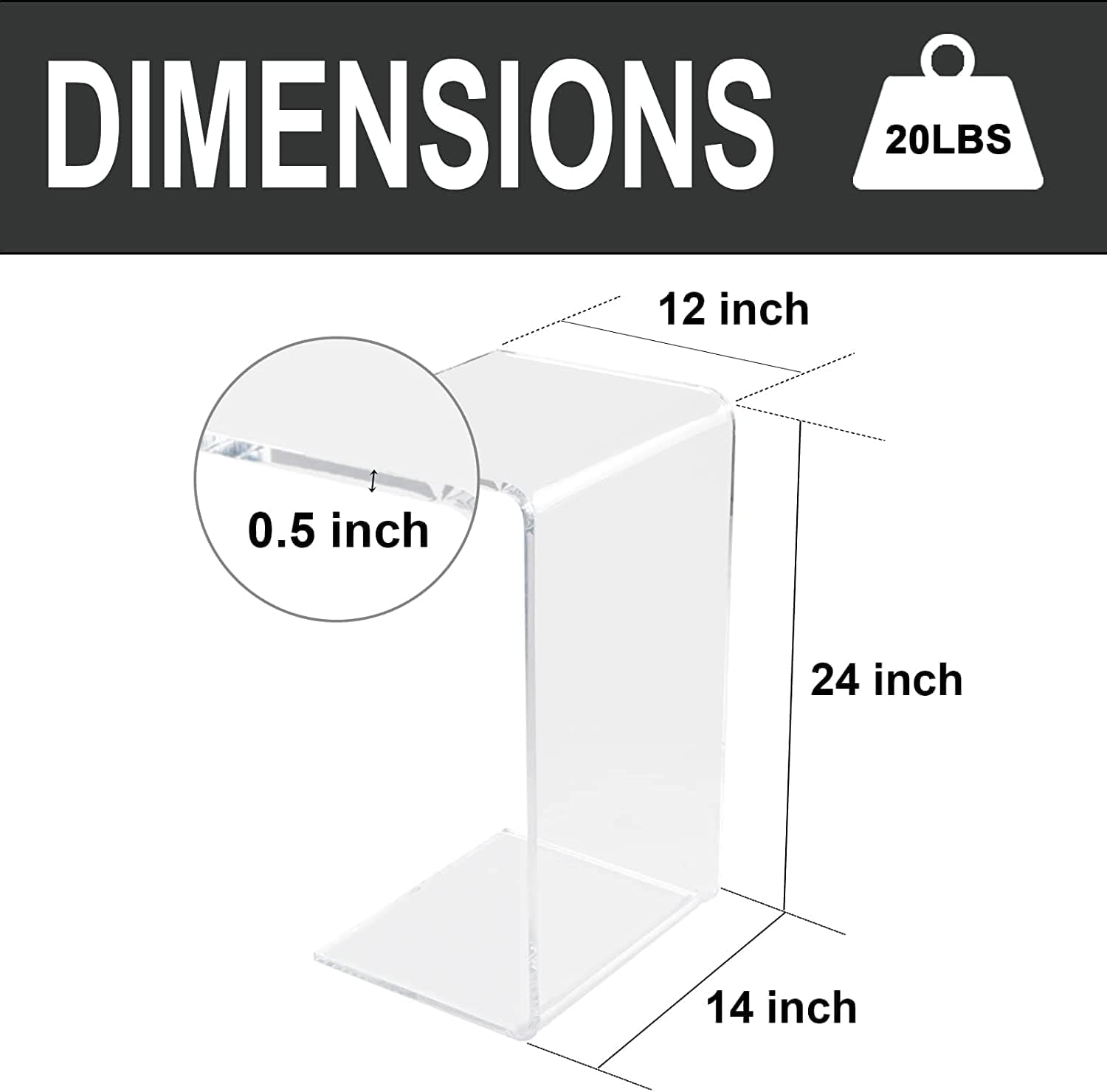 Acrylic Side Table, Small Clear Safe Clear End Table for Living Room, Bedroom, Easy to Clean Anti-Scratch Home Decor Supplies 24' L x 14' W x 12' H x 0.6' Thick (2PCS)
