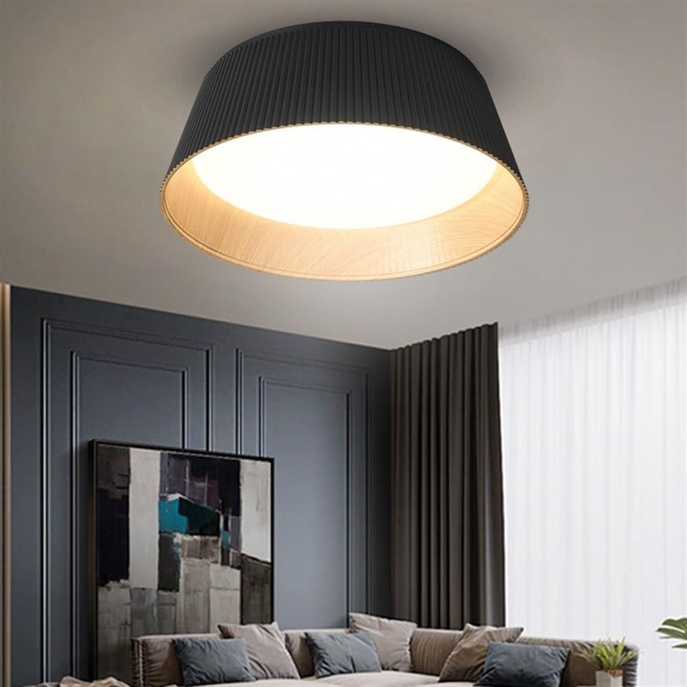 Ceiling Light Fixture, Circular Wrought Iron Wood Grain 18.1' Flush Mount Light Fixture with Acrylic Shade, Ceiling Lamp for Living Room, Hallway, Bathroom, Bedroom, Dimmable(Black)