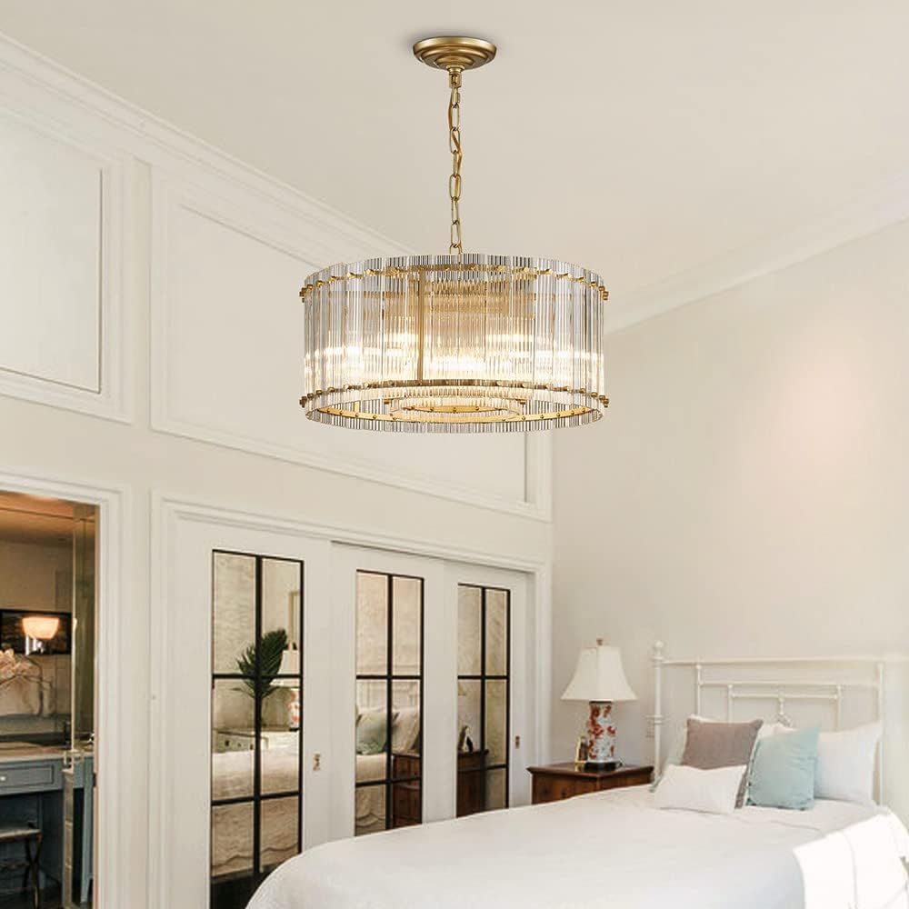 Saint Mossi Moder Glass Chandelier Light Fixture, Doule Layer Drum Pendant Modern Chandelier Lighting with 7-Light, Gold Finish