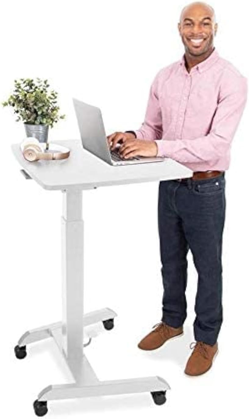 Stand Steady Multifunctional Mobile Podium Desk | Portable Sit to Stand Lectern with Pneumatic Height Adjustment & Tilting Desktop | Rolling Laptop Stand | Mobile Desk for School, Home, Office (White)