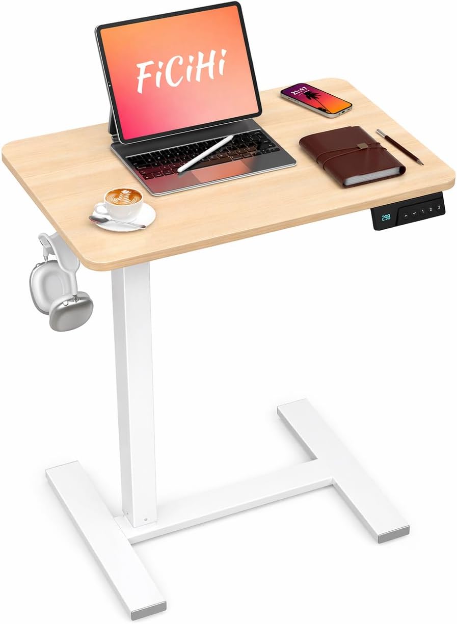FiCiHi Small Electric Standing Desk - Adjustable Height Bedside Laptop Table with Wheels, Mobile, Portable Rolling Computer Workstation Sit Stand Table for Home Office, Sofa, Couch Use(28x16,Maple)