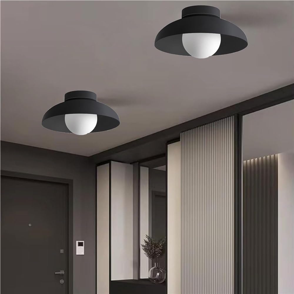 Japanese Style Hanging Lamp G9 Ceiling Light Round Glass Wrought Iron Fixture for Aisle Corridor Kitchen Bedroom Porch Homestay(Black)