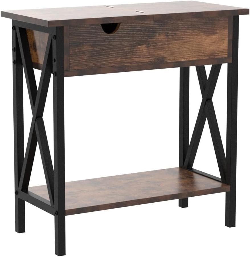 TooCust End Tables Living Room Set of 2, Narrow Side Table with Charging Station, 12' D x 24' W x 24' H, Flip Top End Table with USB Ports and Outlets, Couch End Tables Set of 2, Steel X-Shaped Frame