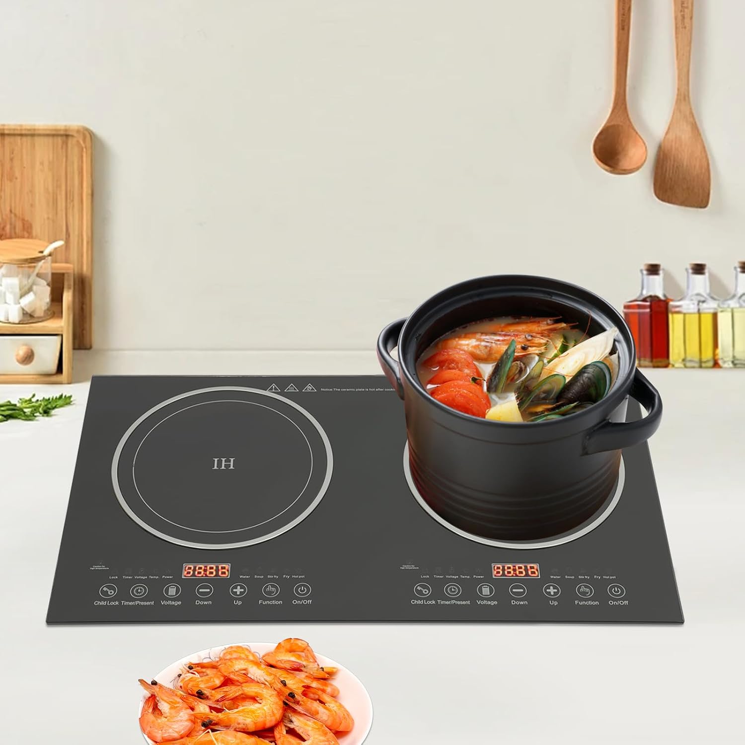 Induction Cooktop 2 Stoves, 110V 1200W+1200W, 8 Gears Firepower Regulation, Tabletop Stove Top with LED Display and Adjustable Temperature, Electric Hot Plate Crystal Cooktop for Kitchens