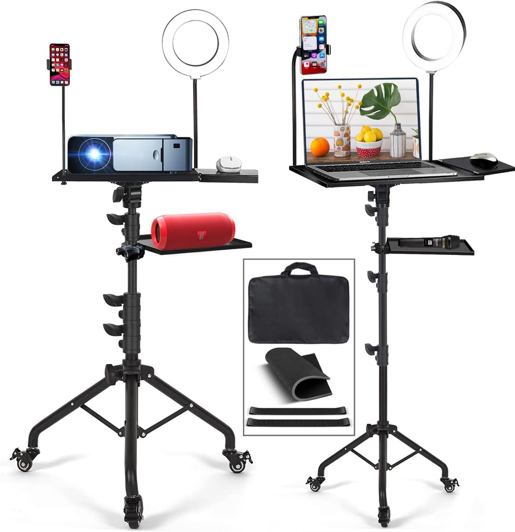 Projector Stand,Laptop Stand, Projector Tripod Stand with Wheels Adjustable Height Laptop Tripod Stand with LED Ring Light Carrying Bag 2 Shelves Mouse Tray Phone Holder Projector Music Stand Portable