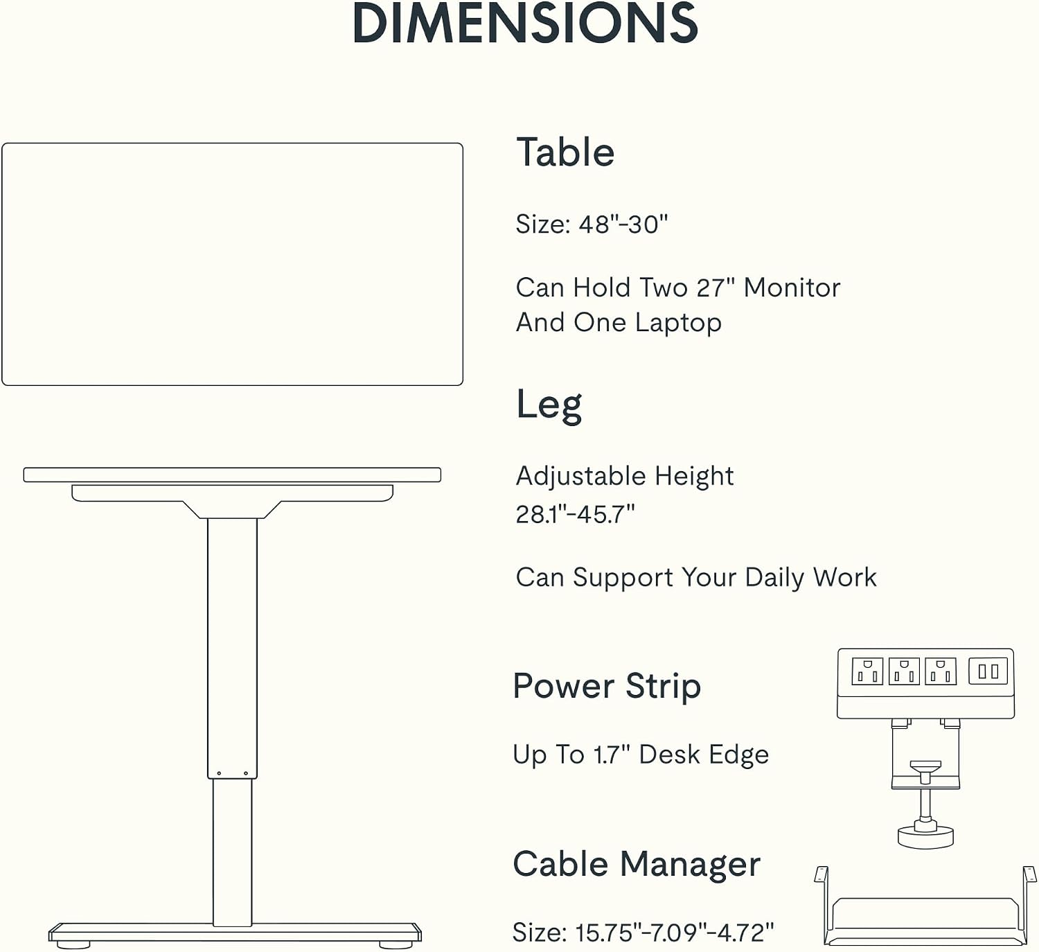 FLEXISPOT EN2 Whole-Piece Standing Desk with Clamp Power Strip, 48 x 30 Electric Stand Up Height Adjustable Desk with Cable Management (Gray Frame + 48' Black Top, 2 Packages)