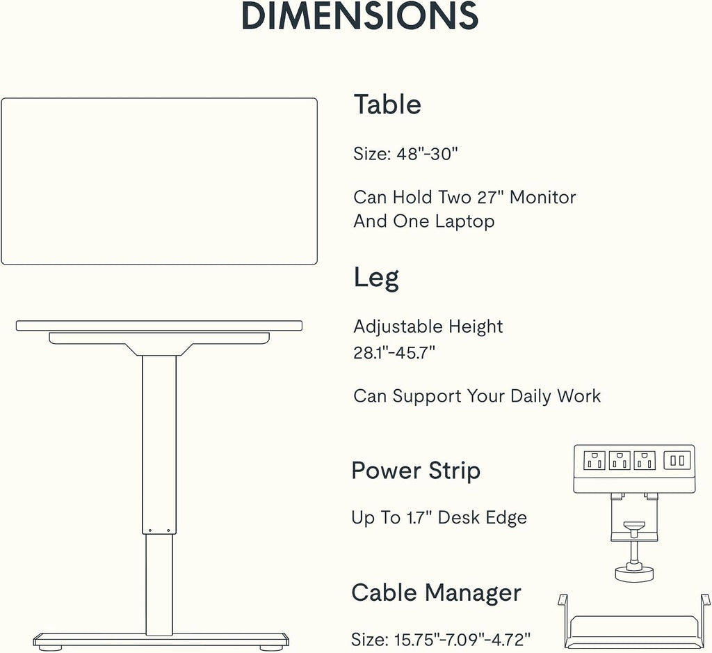 FLEXISPOT EN2 Whole-Piece Standing Desk with Clamp Power Strip, 48 x 30 Electric Stand Up Height Adjustable Desk with Cable Management (White Frame + 48' White Desktop, 2 Packages)