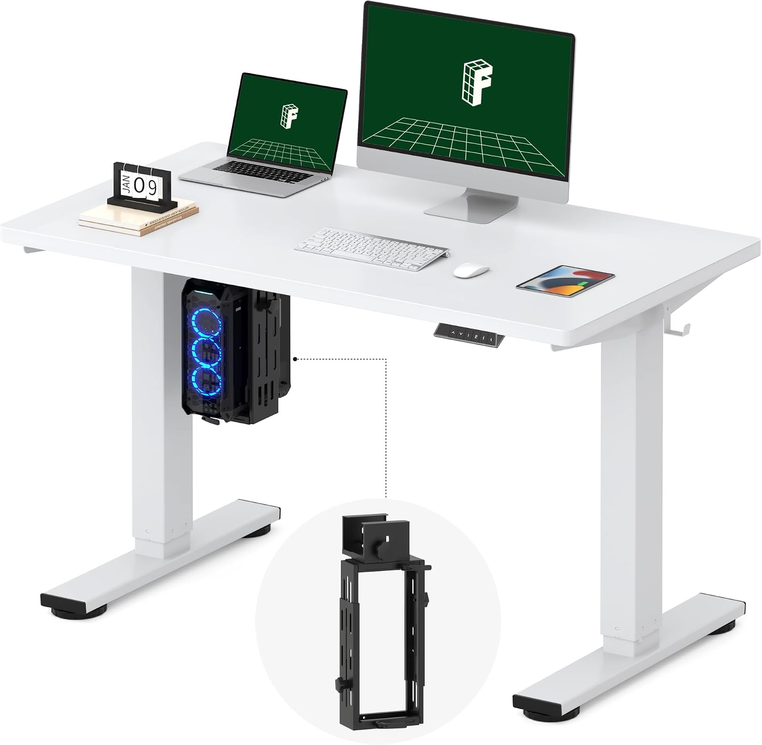FLEXISPOT EN2 48''x24'' Electric Standing Desk with PC Stand Bundle, One-Piece Desktop, Easy-to-Install Hanging Design PC Mount, Bundle for Home Office, Game & Small Spaces, White