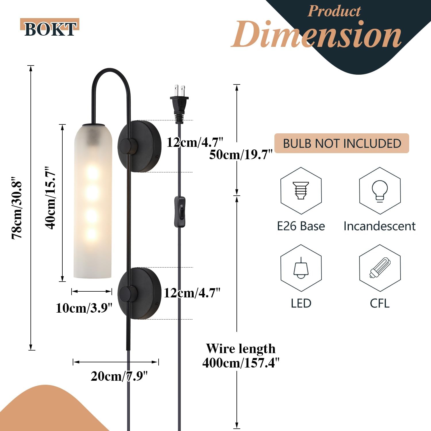 BOKT Black Wall Lights Plug in for Bedroom, Frosted Milky White Glass Wall Sconce Decor, Large Modern Wall Sconces for Living Room