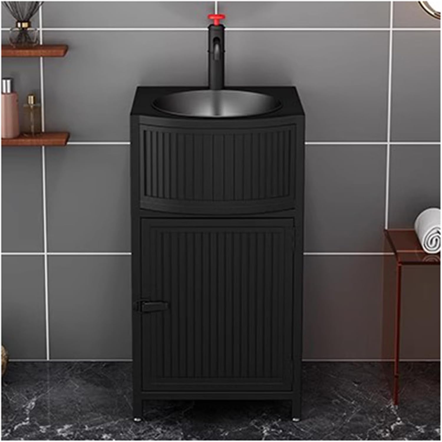 17 Inch Small Bathroom Vanity with Sink, Free Standing Sink Cabinet, Industrial Style Wrought Iron Bathroom Vanity Unit & Basin Sink with Drain and Hot and Cold,Black-Without Mirror