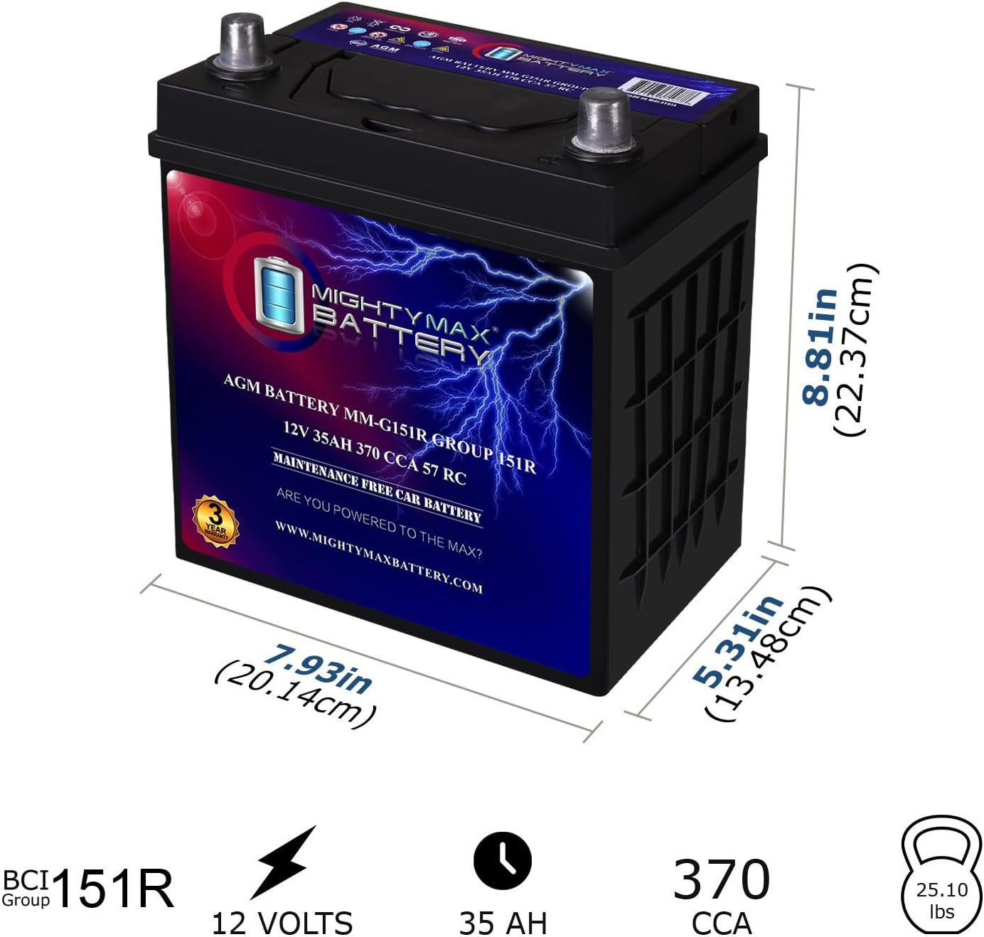 Mighty Max Battery MM-G151R Start and Stop Car BCI Group Size 151R 12V 35Ah, 57RC, 370 CCA Rechargeable AGM Car Battery