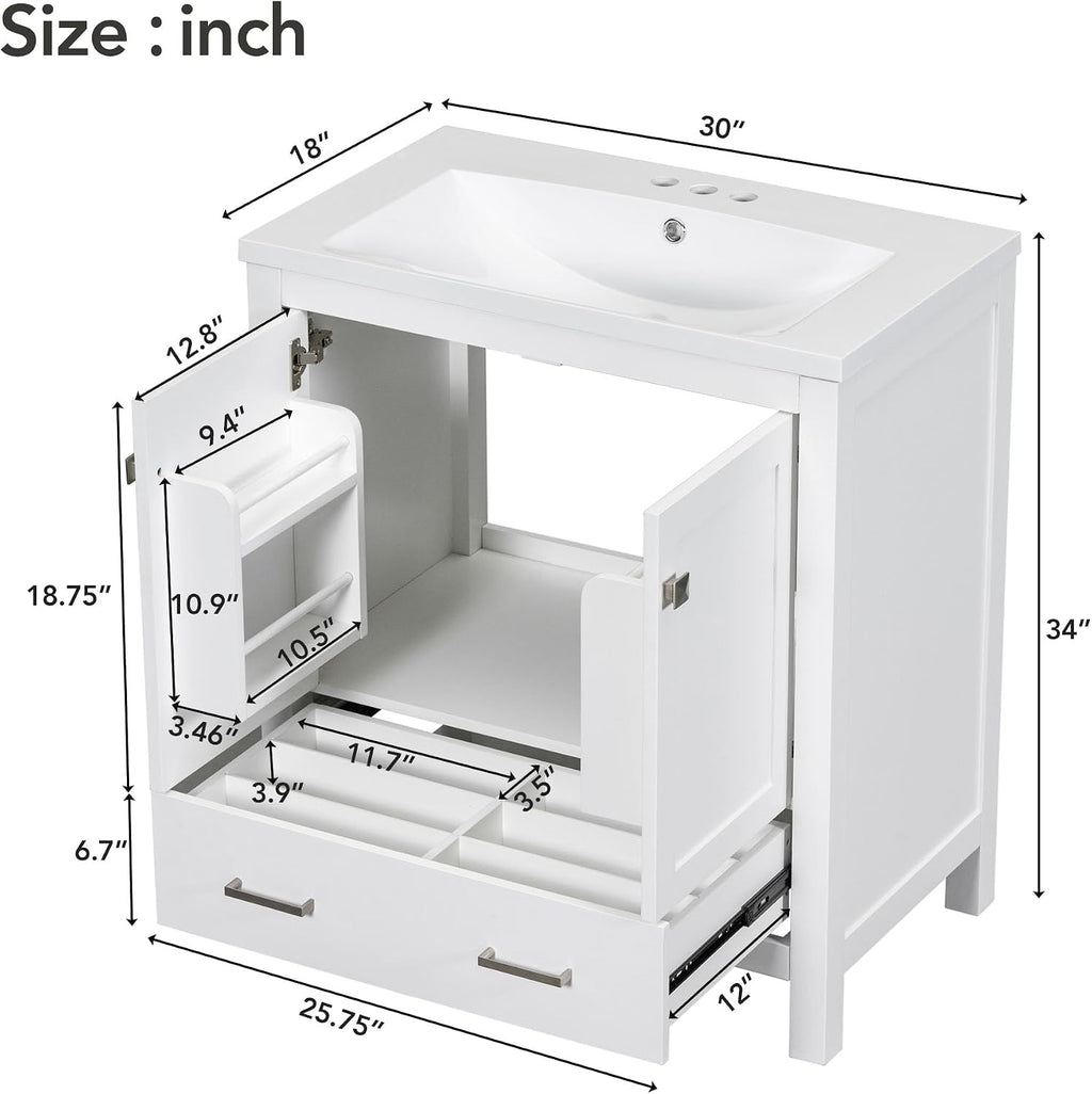LUMISOL 30' Bathroom Vanity Set with Sink, Solid Wood Bathroom Cabinet with One Drawer and Two Doors, Multi-Function Storage Organizers, Undermount Sink Basin, White
