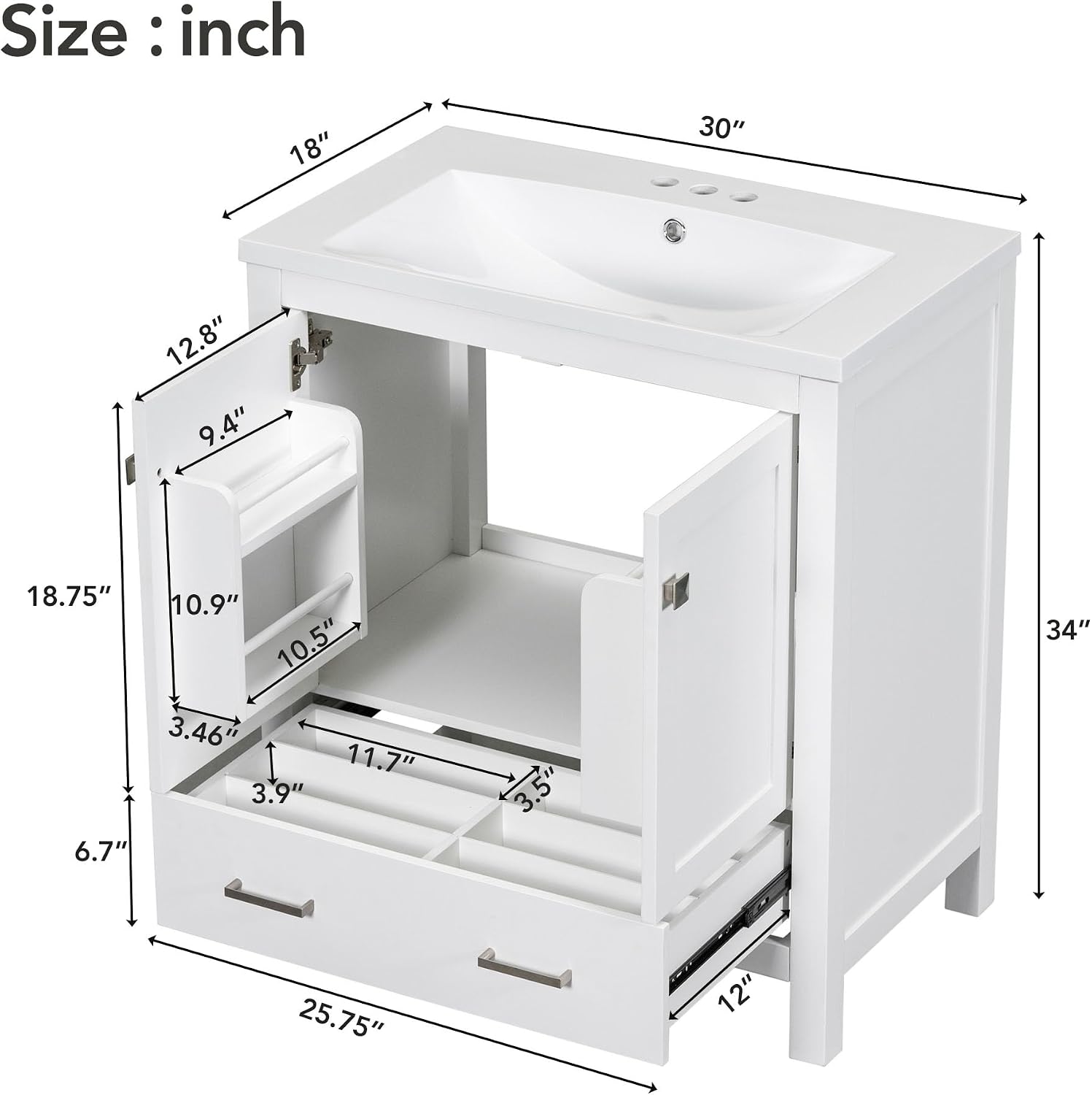 LUMISOL 30' Bathroom Vanity Set with Sink, Solid Wood Bathroom Cabinet with One Drawer and Two Doors, Multi-Function Storage Organizers, Undermount Sink Basin, White