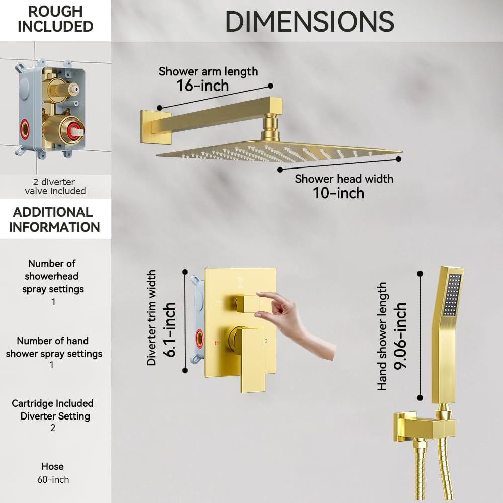 Shower System Shower Faucet Set, STARBATH 10' Wall Mount Rain Shower Head and Handheld Spray for Two Person, Rainfall Shower System with Diverter Valve and Trim Kit Complete,Brushed Gold