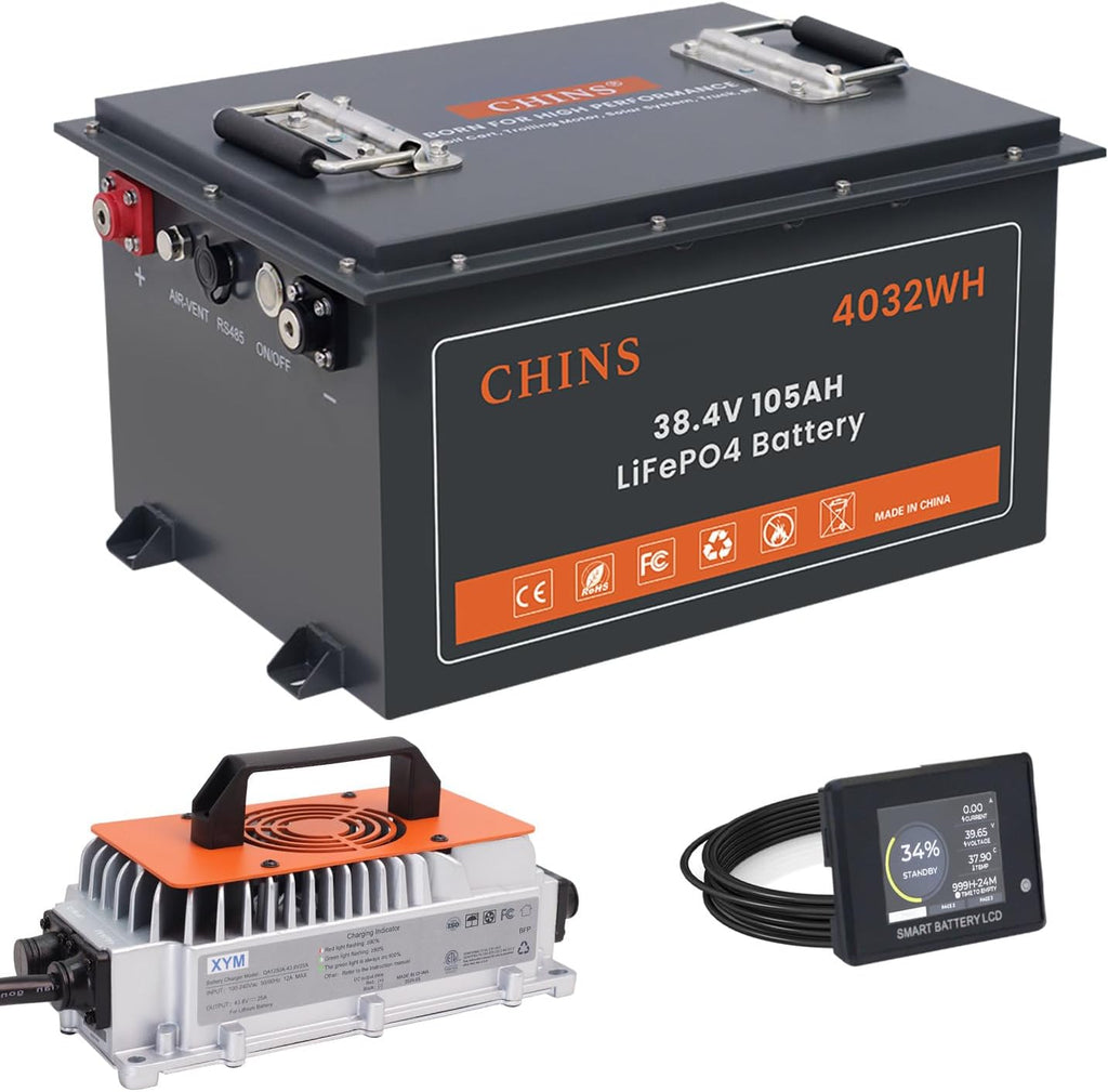 CHINS 36V Lithium Golf Cart Battery, 200A BMS - 1000A Peak Current, with Touch Monitor & Mobile APP, 4000+ Cycles 36V 105AH Lithium Battery with 25A Charger, Perfect for Golf Carts, Trolling Motor