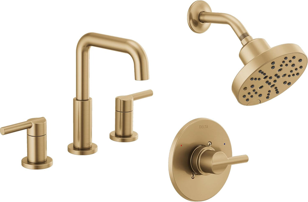 Delta Faucet Nicoli 14 Series Single-Handle Shower Faucet Trim Kit with 5-Spray H2Okinetic Shower Head and Widespread Bathroom Faucet in Champagne Bronze (Shower Valve Included)