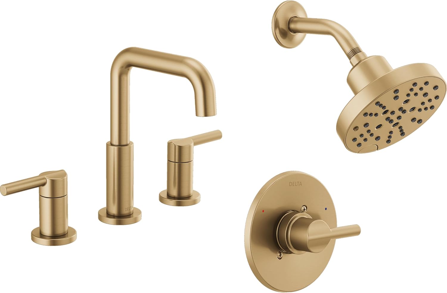 Delta Faucet Nicoli 14 Series Single-Handle Shower Faucet Trim Kit with 5-Spray H2Okinetic Shower Head and Widespread Bathroom Faucet in Champagne Bronze (Shower Valve Included)