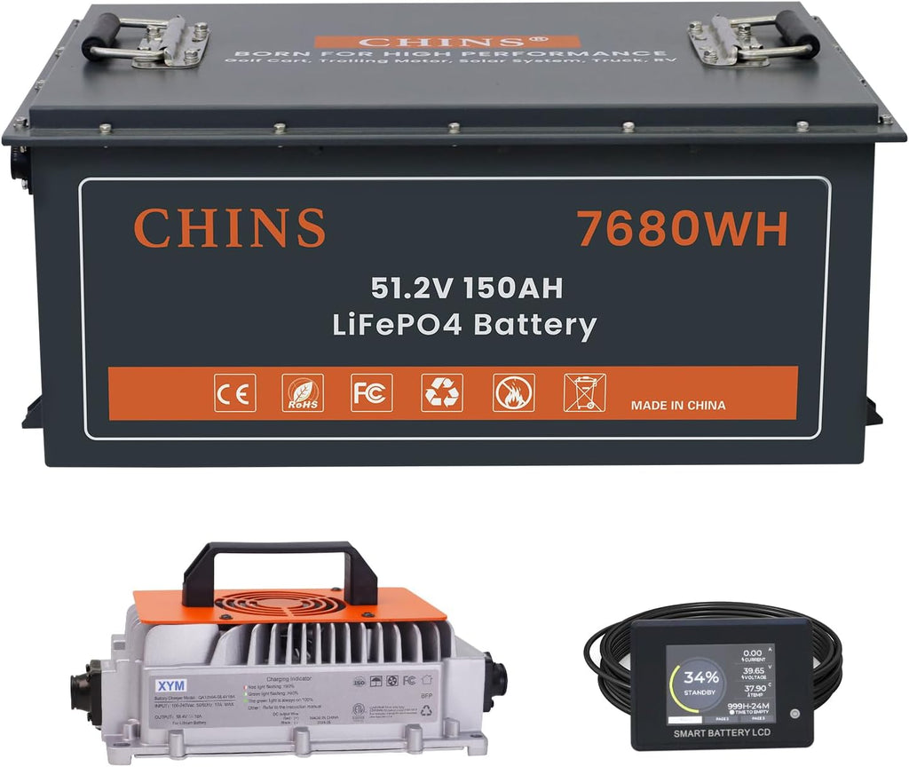 CHINS 48V 150Ah Lithium Golf Cart Battery with 48V 18A Lithium Charger, Built-in Smart 200A BMS, with Touch Monitor & Mobile APP, 4000+ Cycles Rechargeable LiFePO4 Battery, Max 10.24kW Power Output