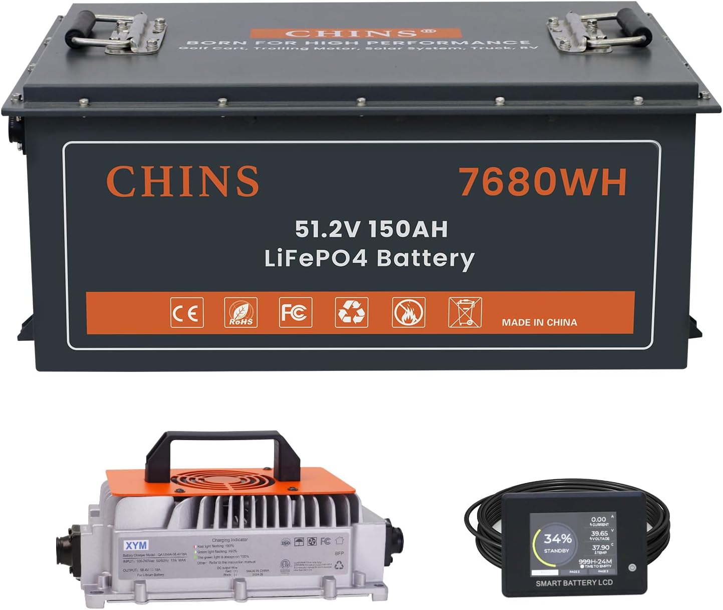 CHINS 48V 150Ah Lithium Golf Cart Battery with 48V 18A Lithium Charger, Built-in Smart 200A BMS, with Touch Monitor & Mobile APP, 4000+ Cycles Rechargeable LiFePO4 Battery, Max 10.24kW Power Output