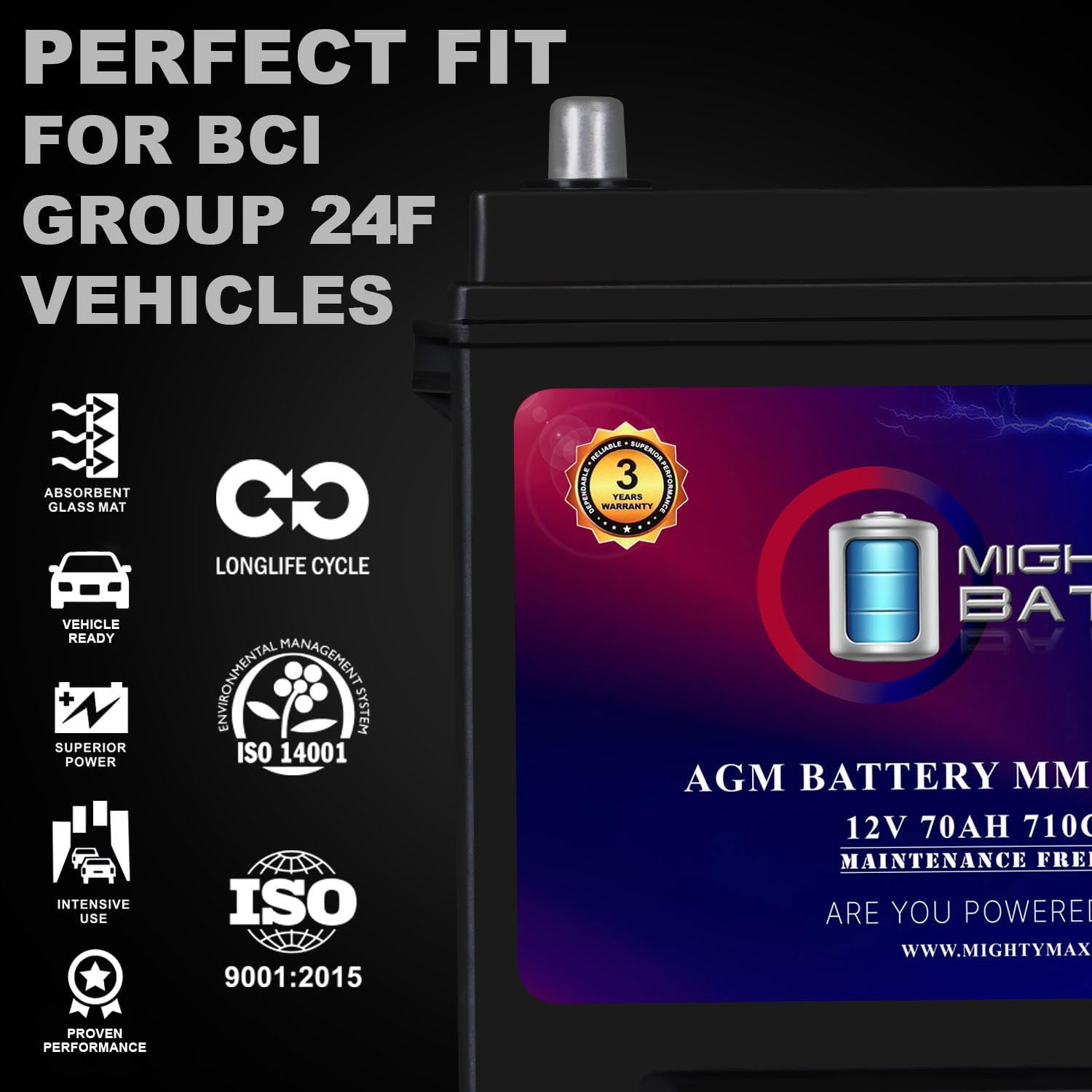 Mighty Max Battery MM-G24F Start and Stop Car BCI Group Size 24F 12V 70Ah, 120RC, 710 CCA Rechargeable AGM Car battery