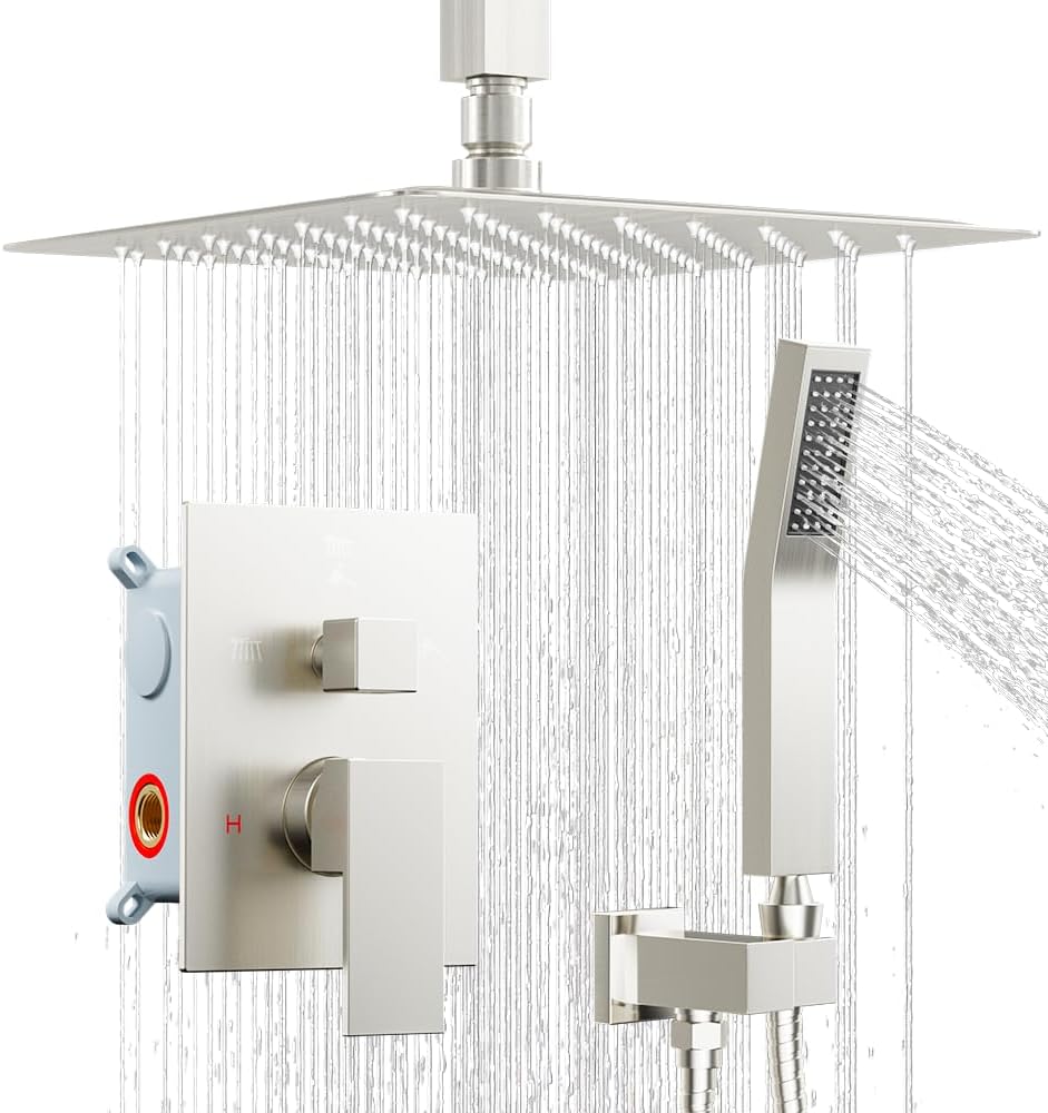 Shower System Shower Faucet Set, STARBATH 8' Ceiling Mount Rain Shower Head and Handheld Spray for Two Person, Rainfall Shower System with Diverter Valve and Trim Kit Complete,Brushed Nickel