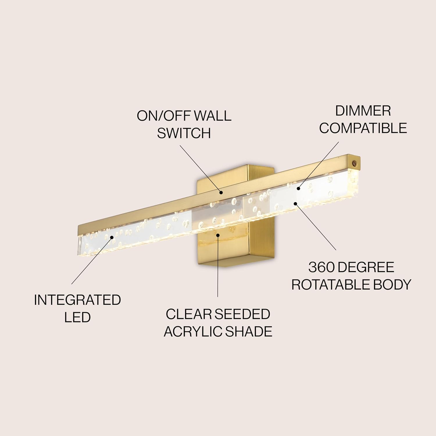 JONATHAN Y 22' Brass Gold/Clear Modern Integrated LED Vanity Light, Rotatable Wall Sconce for Bathroom Mirror, 3000K Dimmable Hardwired Fixture with Clear Seeded Acrylic Shade (JYL7128B)