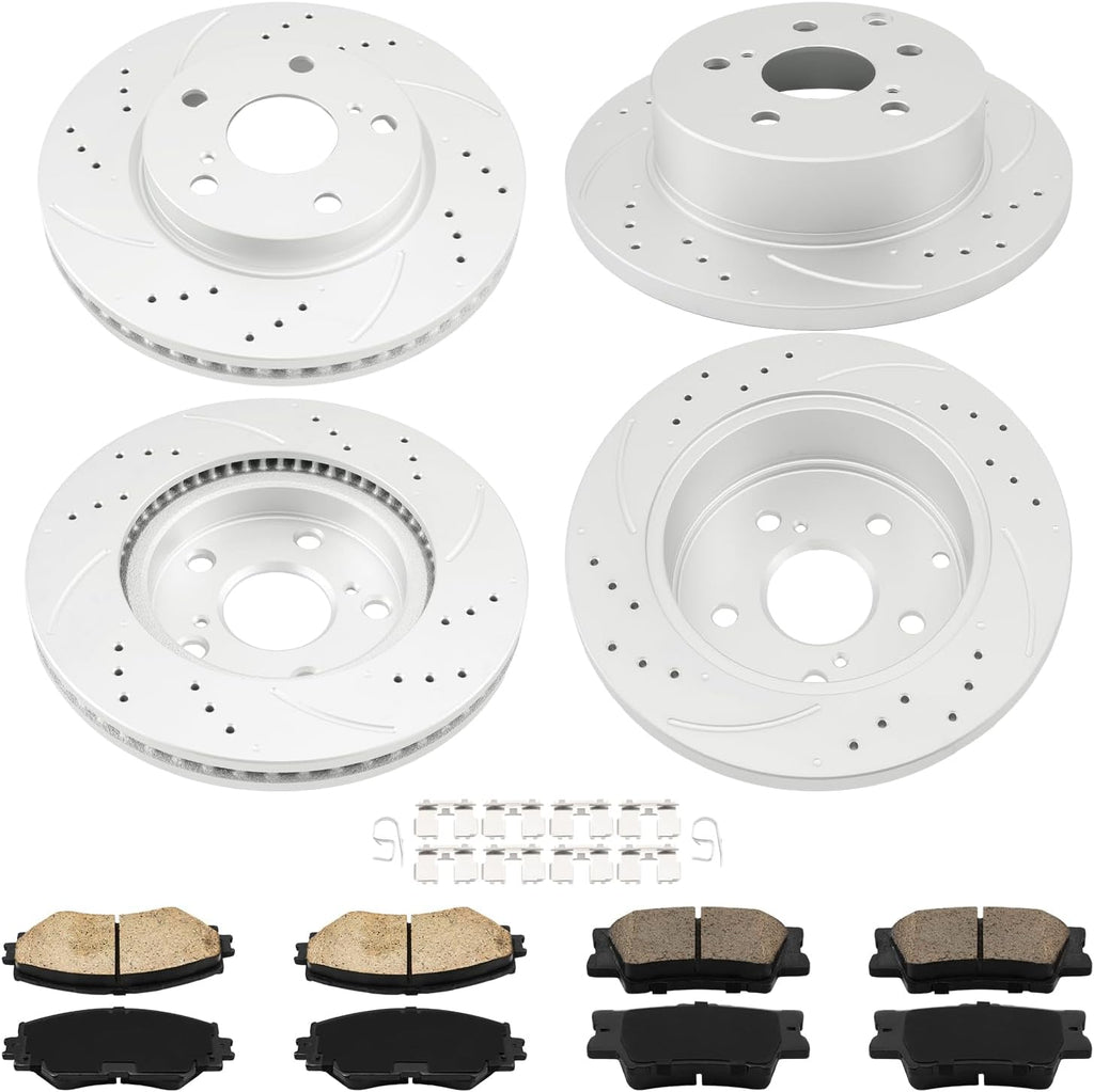 Torchbeam Brake and Rotor Kit Front and Rear Brake Pads Brake Rotors Ceramic Compatible with Toyota RAV4 2006-2008 2.4L, Drilled Slotted 10.82'' (275mm) Front and 11.06'' (281mm) Rear Rotor