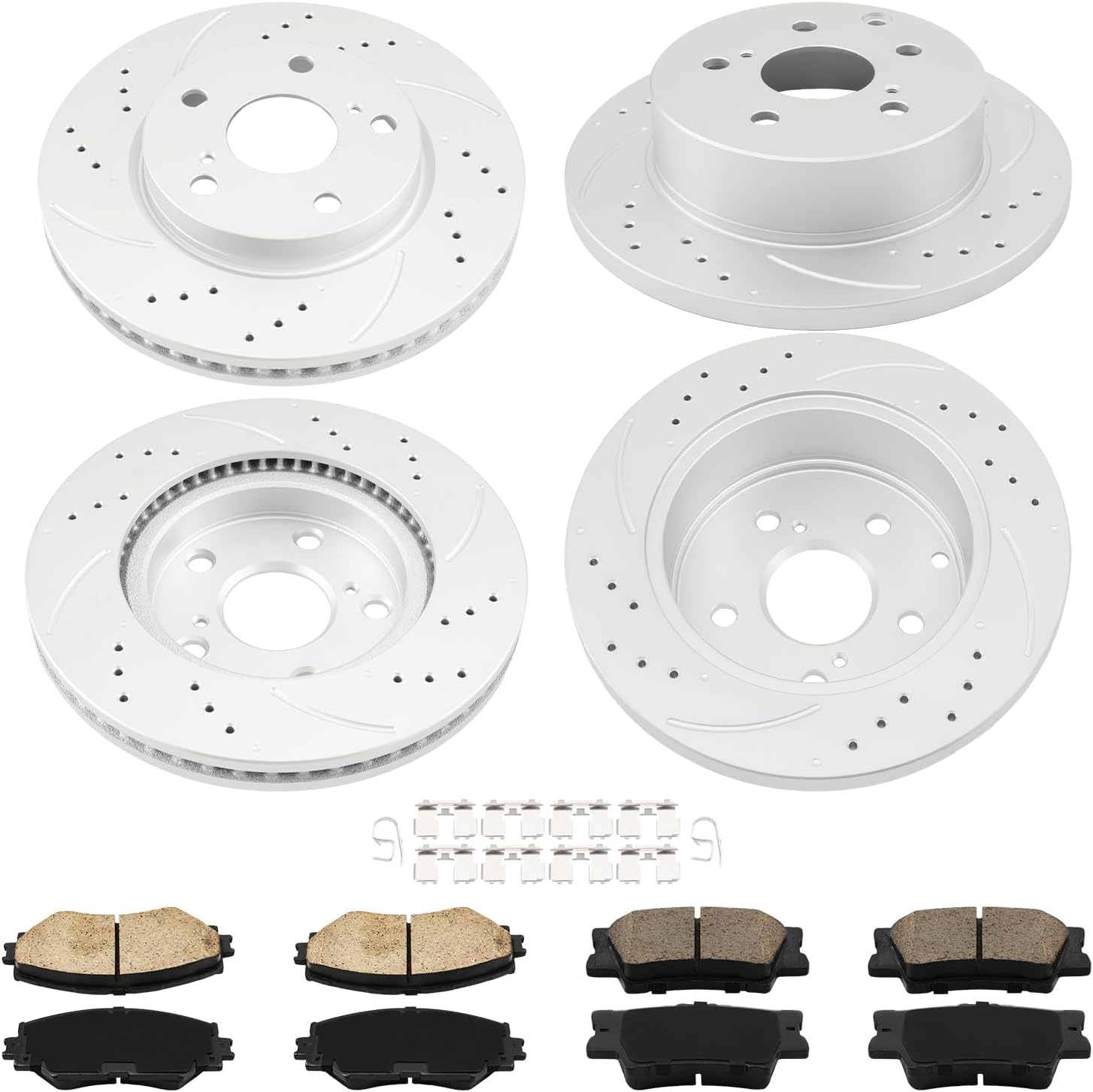 Torchbeam Brake and Rotor Kit Front and Rear Brake Pads Brake Rotors Ceramic Compatible with Toyota RAV4 2006-2008 2.4L, Drilled Slotted 10.82'' (275mm) Front and 11.06'' (281mm) Rear Rotor