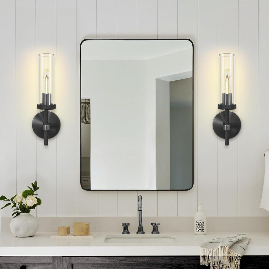 Black Wall Sconces Set of Two, 14' Bathroom Vanity Sconce Light, Glass Tube Wall Sconces, Sconces Wall Lighting Indoors, Wall Lights for Mirror, Living Room, Bedroom, Hallway (including bulb)