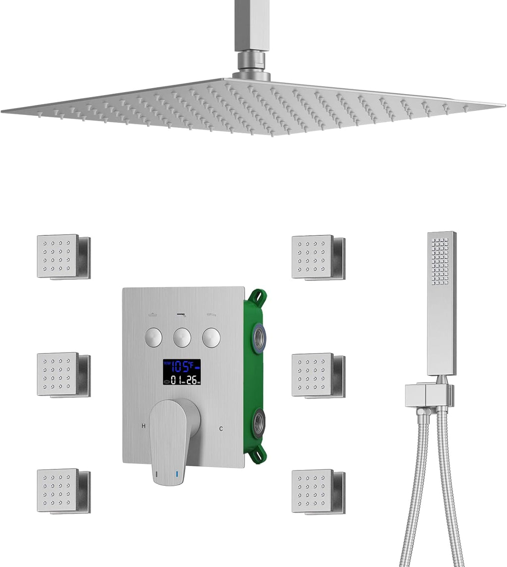 Digital Display Shower Faucet Set With 12 Inch Rainfall Shower Head,Brass Handheld Sprayer And 6pcs Body Jets,Full Body Shower System (Brushed Nickel)
