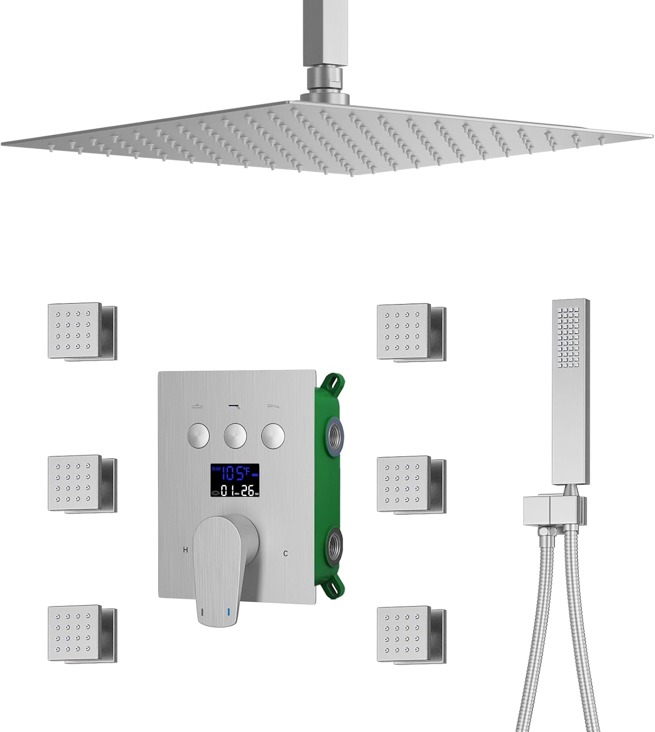 Digital Display Shower Faucet Set With 12 Inch Rainfall Shower Head,Brass Handheld Sprayer And 6pcs Body Jets,Full Body Shower System (Brushed Nickel)