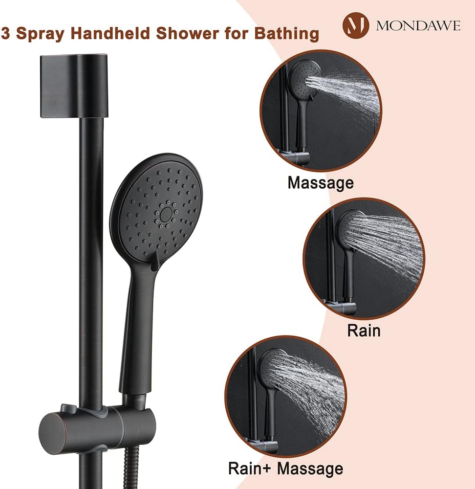MONDAWE 9 Inch Wall Mounted Shower Faucet Set in Oil Rubbed Bronze, Rainfall Shower Head with 3-Setting Handheld Spray Shower Set Combo, High Pressure Shower System with Solid Brass Valve