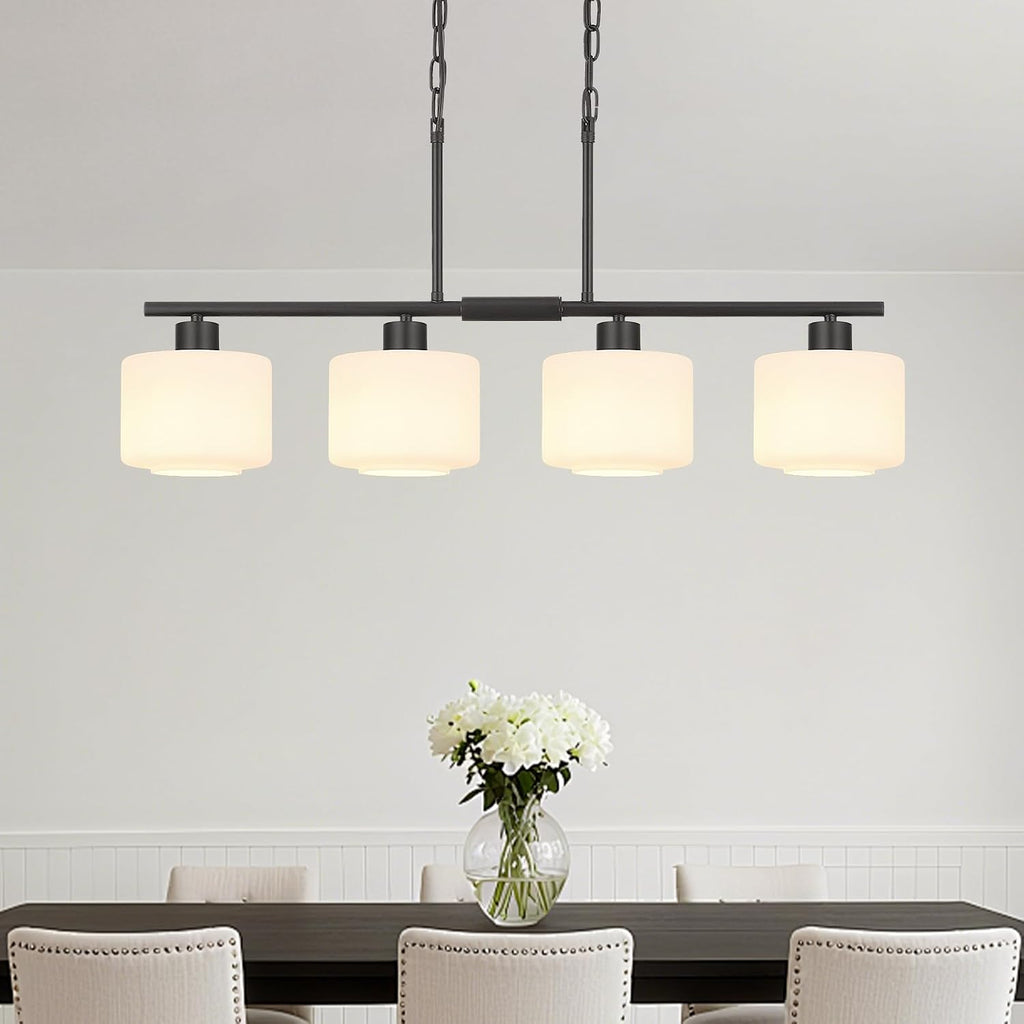 4-Light Kitchen Island Lighting, Modern Black Linear Dining Room Chandelier Light Fixtures with Milk Glass and Chain, Farmhouse Hanging Lights for Kitchen Island Dining Room, OS-YQ8153-4ISBKW