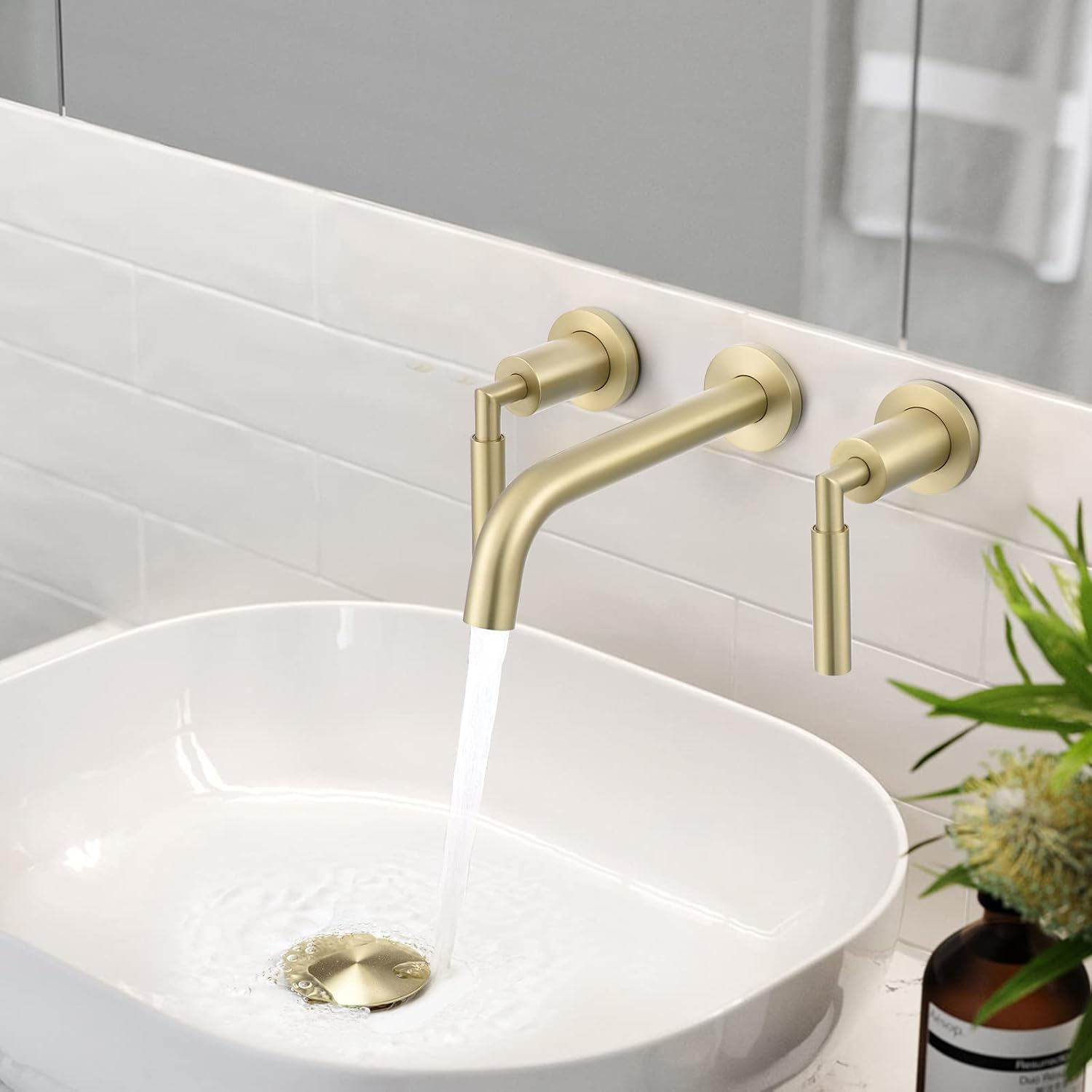 RBROHANT Gold Wall Mount Faucet with Pop up Drain Set for Sink Without Overflow, Brushed Gold Dual Handle Wall Mounted Bathroom Sink Faucet, Brass Rough-in Valve Included, RB0736D