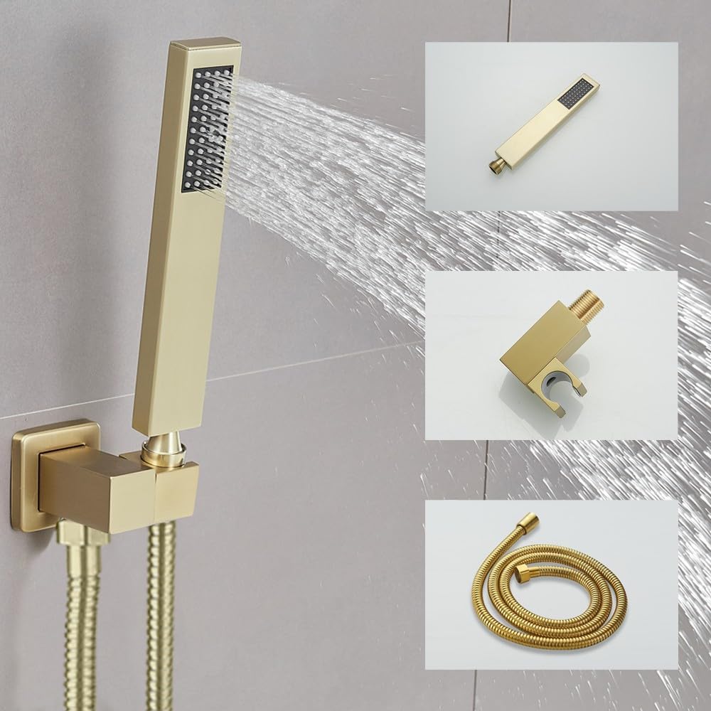 Brushed Gold Shower System 8 Inch Bathroom Luxury Rain Mixer Shower Combo Set Wall Mounted Rainfall Shower Head and Handheld System Shower Faucet Set Rough-in Valve Body and Trim Kit