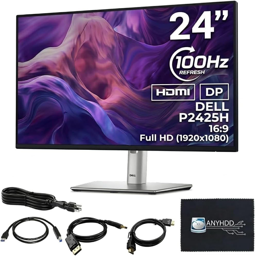 Dell P2425H Computer Monitor Screen 24' 16:9 IPS Display with Stand - 1 Year Warranty, 100Hz Full HD, 1920 x 1080 with Power Cable, Anyhdd DisplayPort, HDMI, USB 3.0 Upstream Cable & Cloth - New