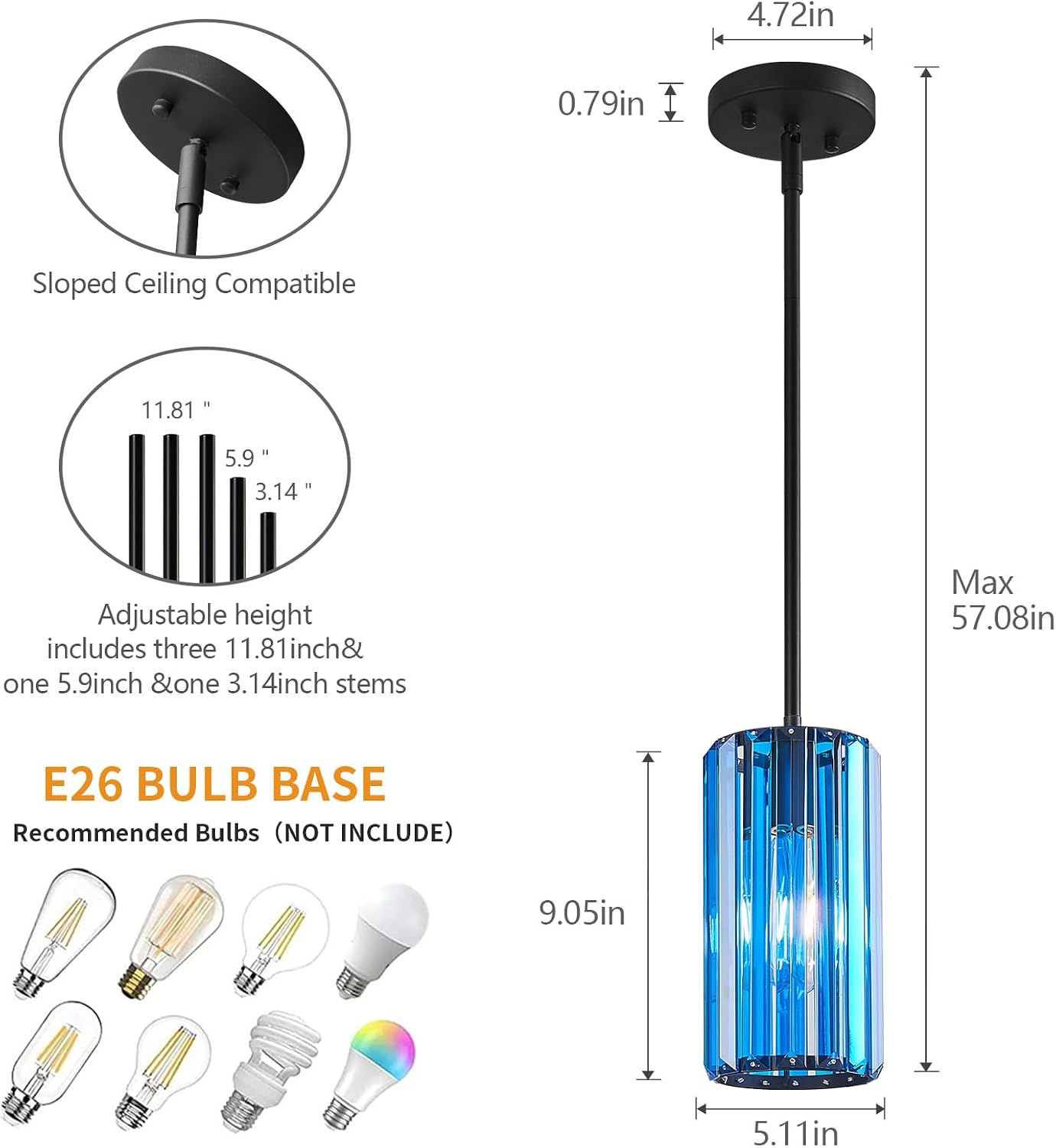 Modern Crystal Pendant Light Mini Dark Blue Chandeliers Adjustable Pendant Lights Fixture for Kitchen Island Dinning Room Corridor Bedroom(Dark Blue 3-Pack