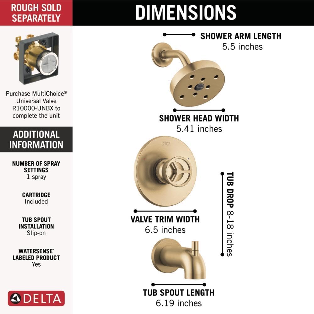 Delta Faucet Trinsic 14 Series Gold Tub Shower Faucet Set with H2Okinetic Shower Head, Shower Trim Kit, Gold Shower Fixtures, Bathtub Faucet Set, Champagne Bronze T14458-CZ (Valve Not Included)