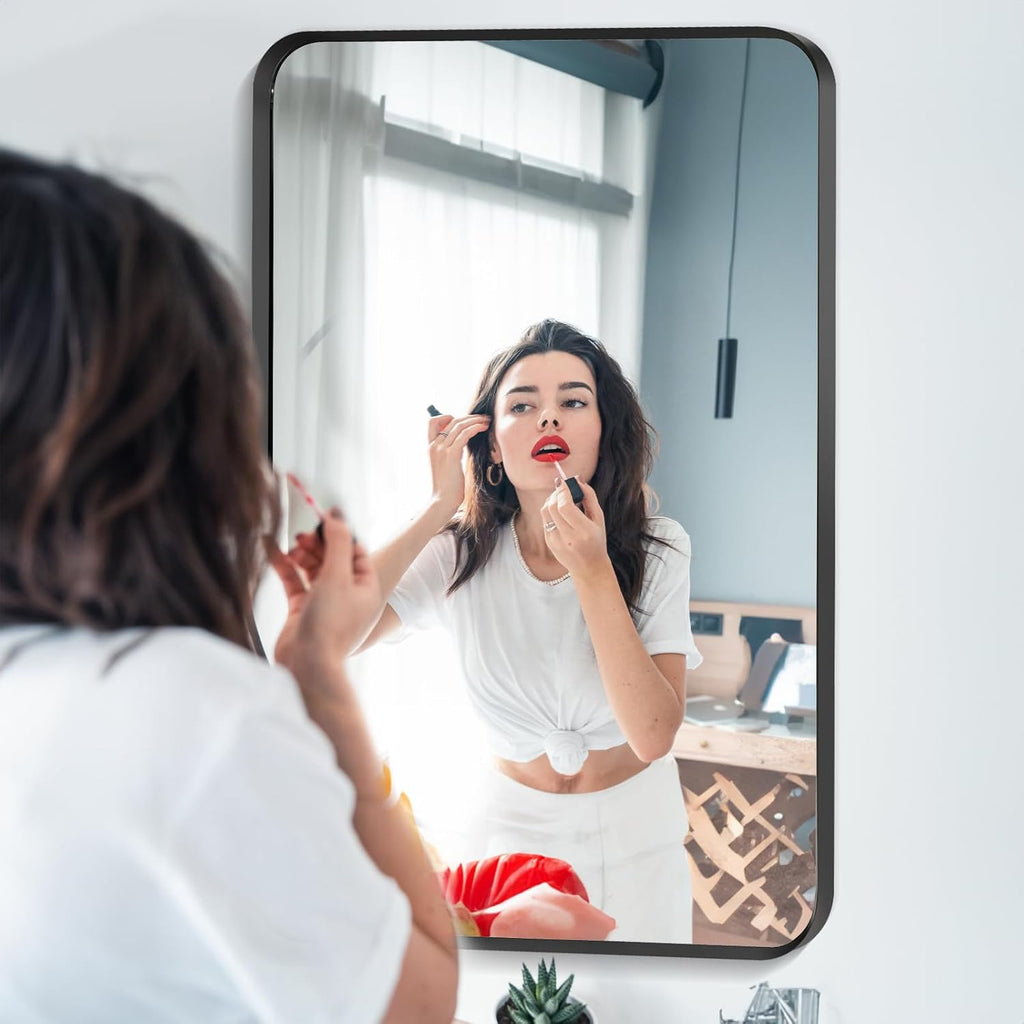 Wall Mount Mirror for Bathroom, Brush Black Metal Framed Rounded Corner Rectangular Vanity Mirror (16' x 20', Black)