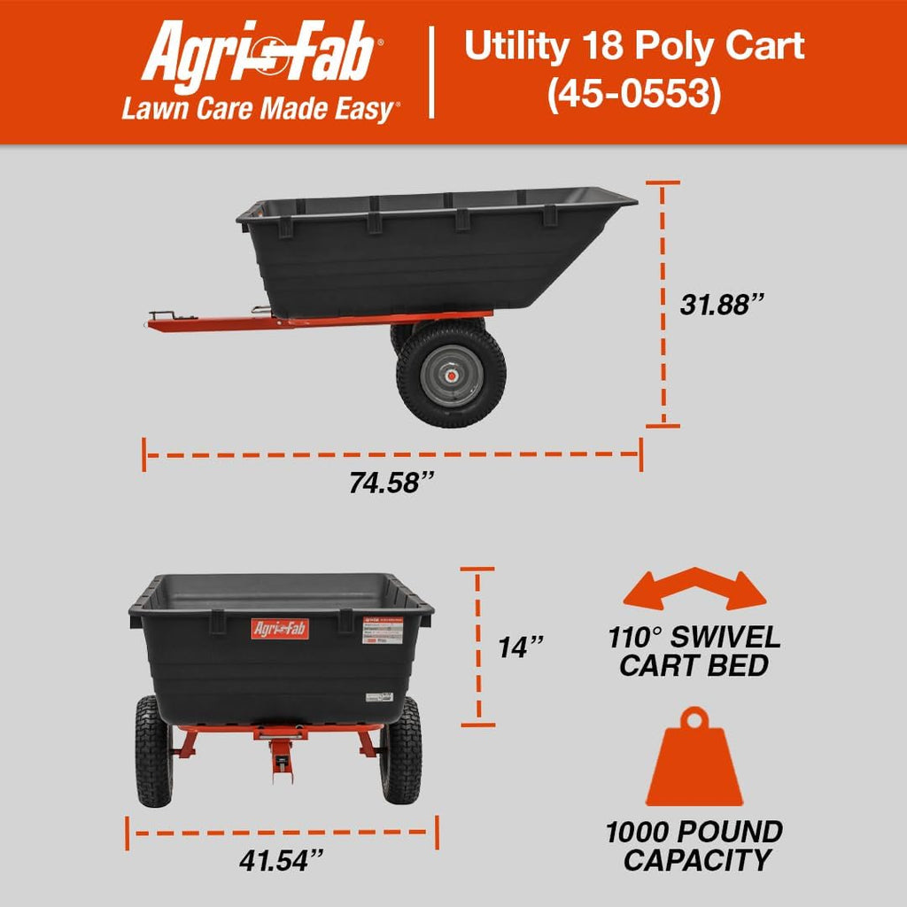 Agri-Fab 45-0553, 1,000-Pound Capacity Poly Swiveling Tow Behind Dump Cart, 18 Cubic Feet Capacity, 80 Degree swiveling, 52 Degree Dumping, 16-Inch x 6.5-Inch Pneumatic Turf Tread Tires
