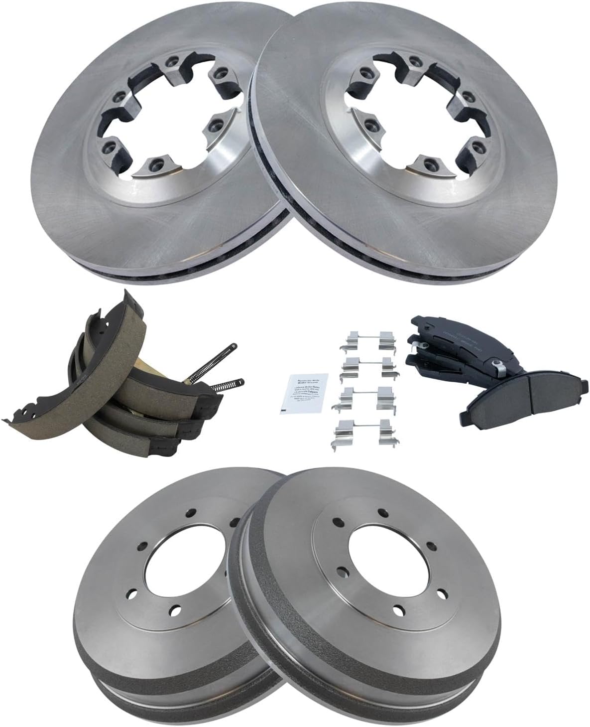 TRQ Front and Rear Brake Pad & Rotor, Shoe & Drum Kit compatible with Chevrolet GMC Isuzu