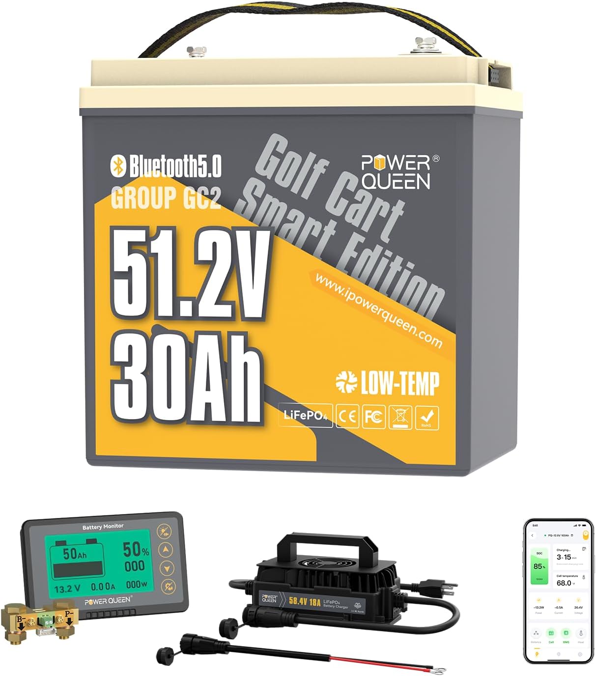 Power Queen 48V 30Ah Lithium Golf Cart Battery with 18A Charger, Bluetooth LiFePO4 Battery GC2,100A BMS & Low-Temp Protection, Support 3kW Motor, Max 4.096kW Output, LCD 500A Monitor for Golf Carts