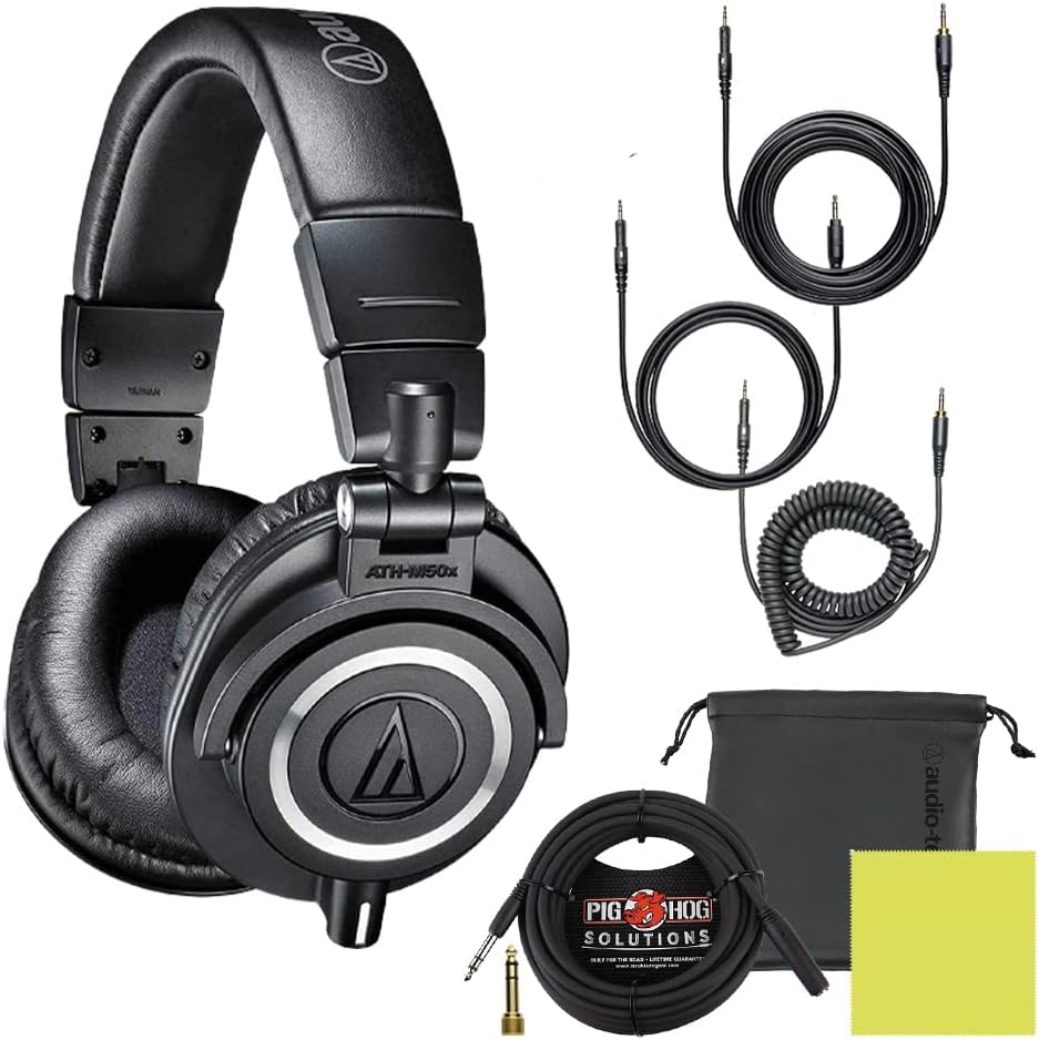 Audio Technica ATH-M50X Professional Studio Monitor Headphones Black, Bundle with Pig hog 10ft Extension Cable & Liquid Polishing Cloth with Detachable Cables