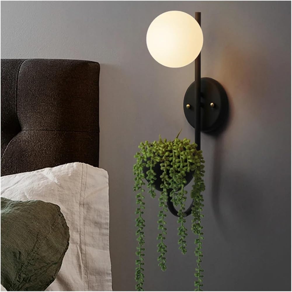 Wrought Iron Glass Wall lamp V-intage - Plant LED Wall Light Fixtures Restaurant Aisle Wall Sconce Luminaire(Black)