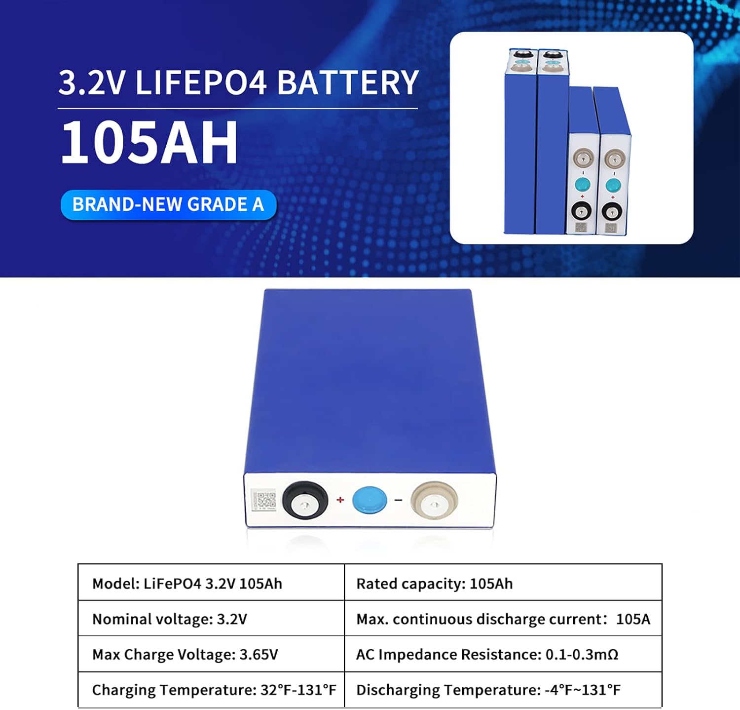 EVE 3.2V 105Ah 4pcs LiFePO4 Cells Lithium Battery Iron Phosphate Deep Cycle Battery, Power Supply for RV, Boat, Golf Cart, Motor, UPS, Fish Finder, Lawn Mower, Off Grid, Solar Systems, etc.